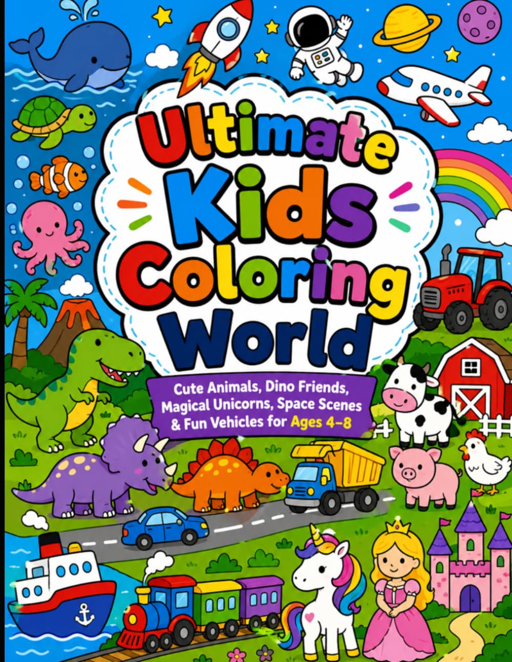 Ultimate Kids Coloring World: Cute Animals, Dino Friends, Magical Unicorns, Space Scenes & Fun Vehicles for Ages 4–8