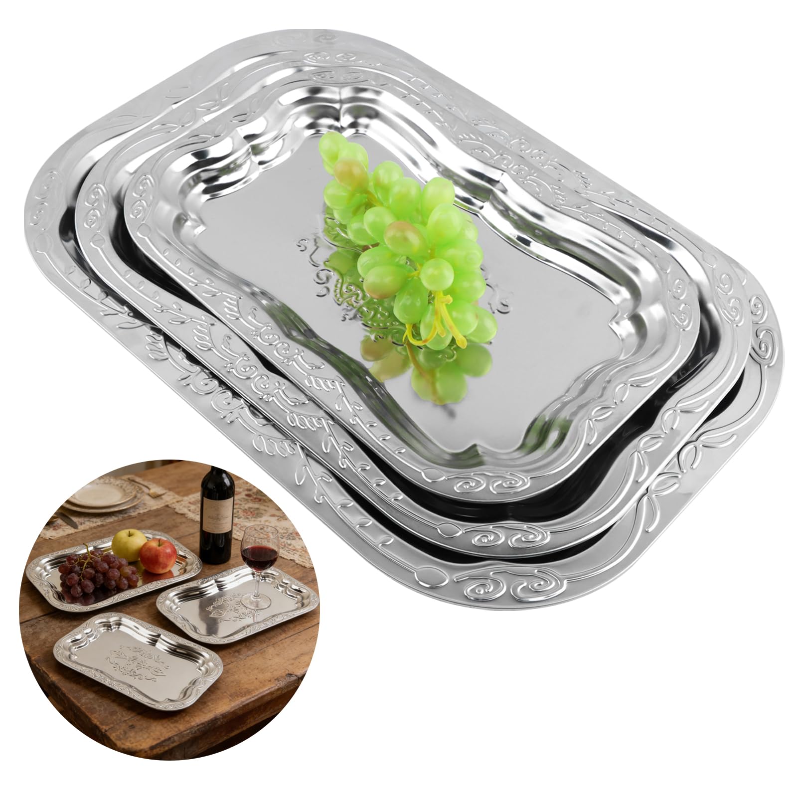 Photo 1 of 3Pack Silver Serving Trays Set,Multi-Size Vintage Mirror Tray for Party