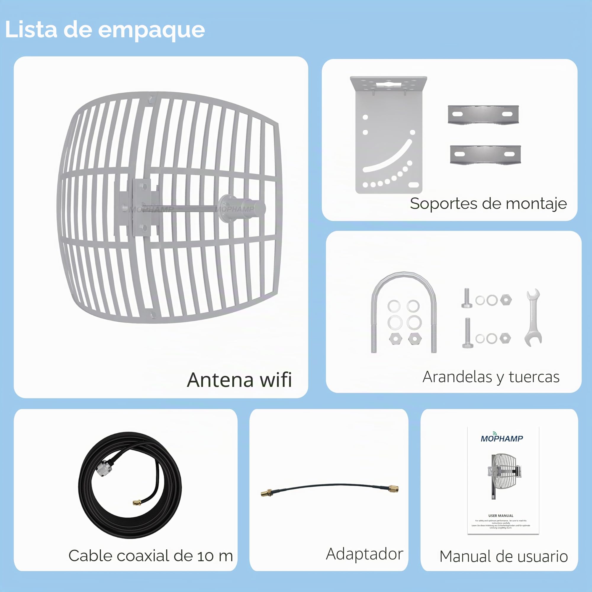Antena WiFi 5 GHz 24 dBi – Recepción hasta 10 km, resistente al exterior, incluye cable de baja pérdida 10 m, compatible con SMA y RP-SMA