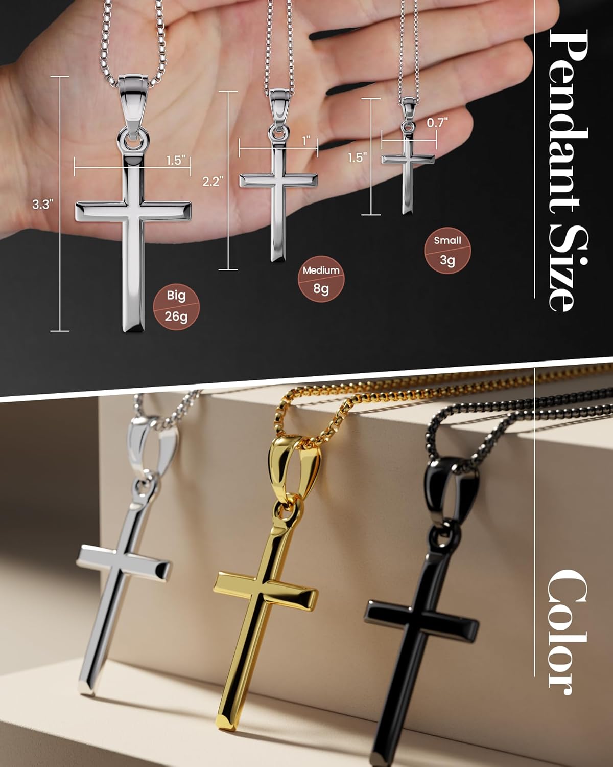 Exquisite Cross Necklace for Men and Women, Silver/Gold/Black Cross Chain with Top-grade 316L Stainless Steel Cross Pendant, 18-24 Inch Box/Byzantine Chains - Image 5