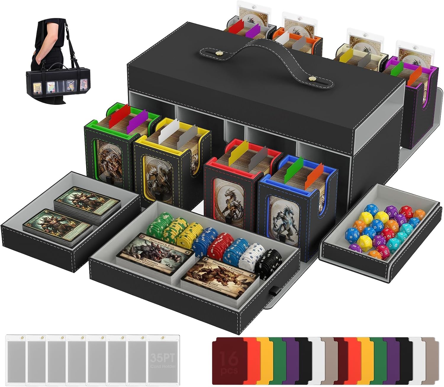 11in1 Commander Deck Box füR mtg deckbox,8 Deck sammelkarten aufbewahrungsbox mit Display&WüRfelablage1000+ DoppelhüLsenkarten,Abnehmbare Sammelkarten Box mit35pt Magnetischen Kartenhaltern füR TCG