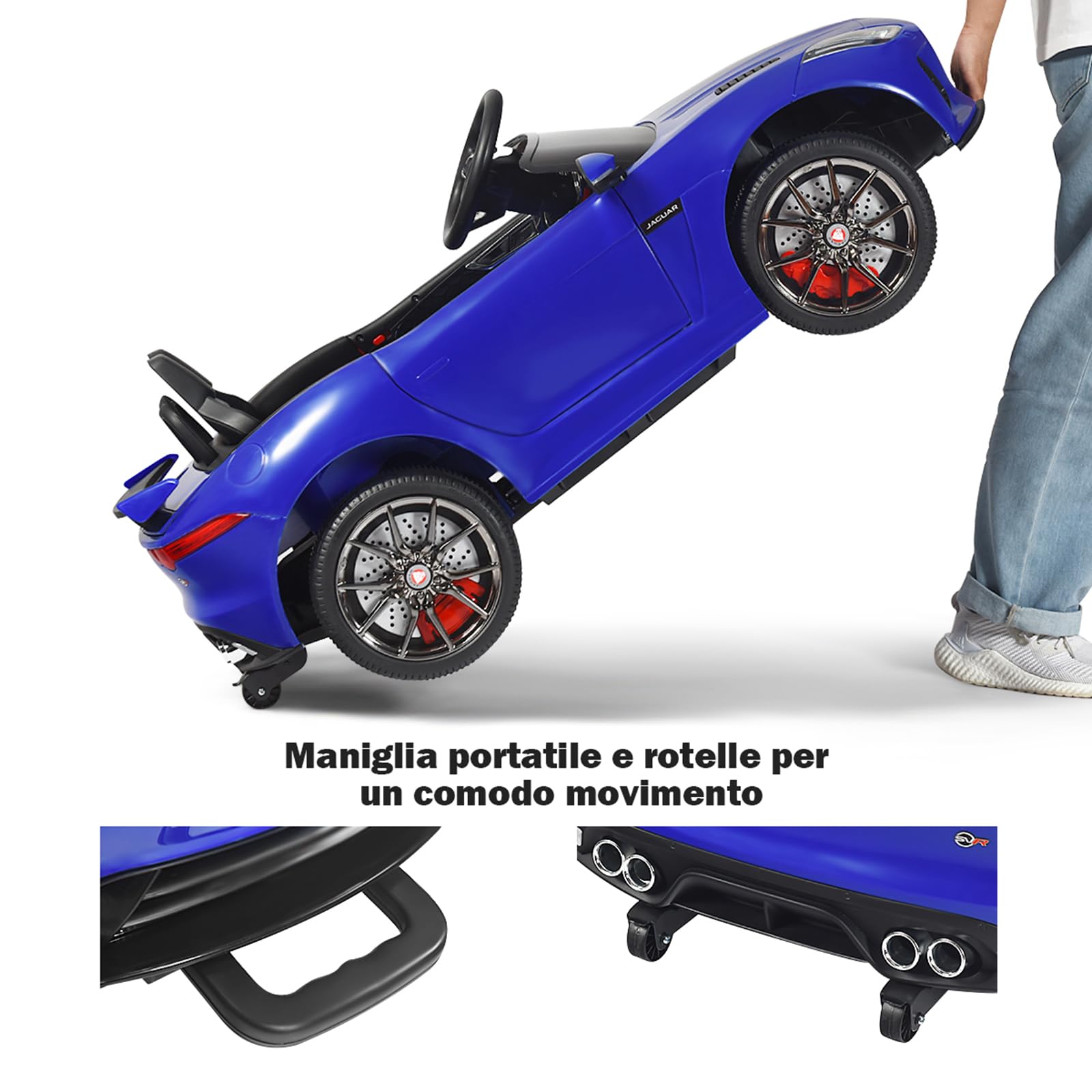 RELAX4LIFE Macchina Elettrica Jaguar F per Bambini 12V, con Telecomando 2.4G e Musica, USB, Luci LED e Clacson, 2 Portiere Apribili, 3 Anni+,107,5 x 66 x 50 cm (BLU)