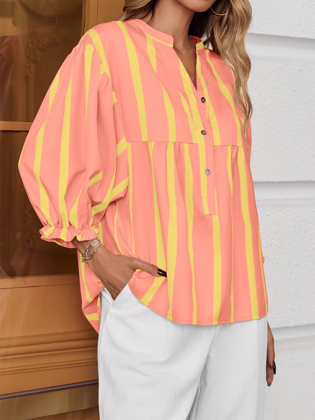 Tankaneo Babydoll da donna con maniche a sbuffo top estivo con scollo a V camicetta a righe carino casual vestibilità ampia camicie fluide