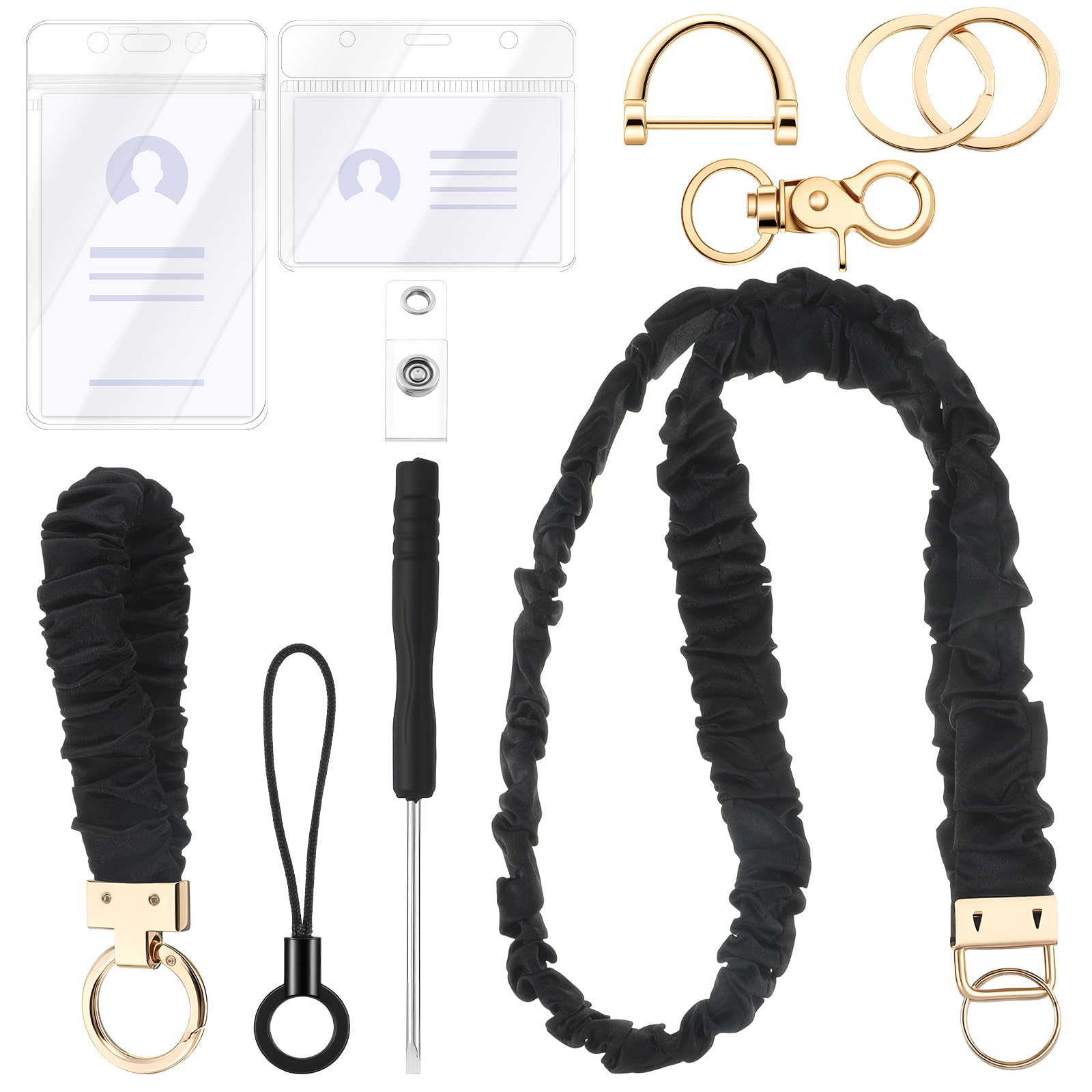 2Pcs Scrunchies Lanyards Set for ID Badges Holder Stretchy Retractable Keychain Holder with Card Holder Neck Lanyard for