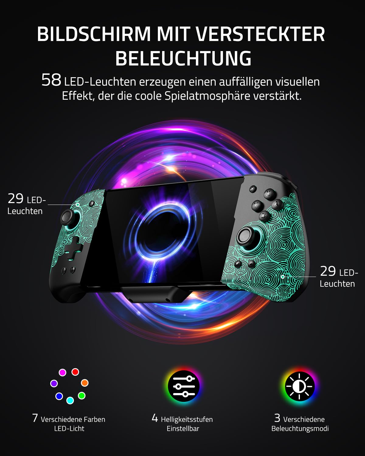 Luminpad ergonomischer Schalter-Controller, kompatibel mit Switch/OLED, 7 LED-Farben/Turbo/Mapping – Schwarz