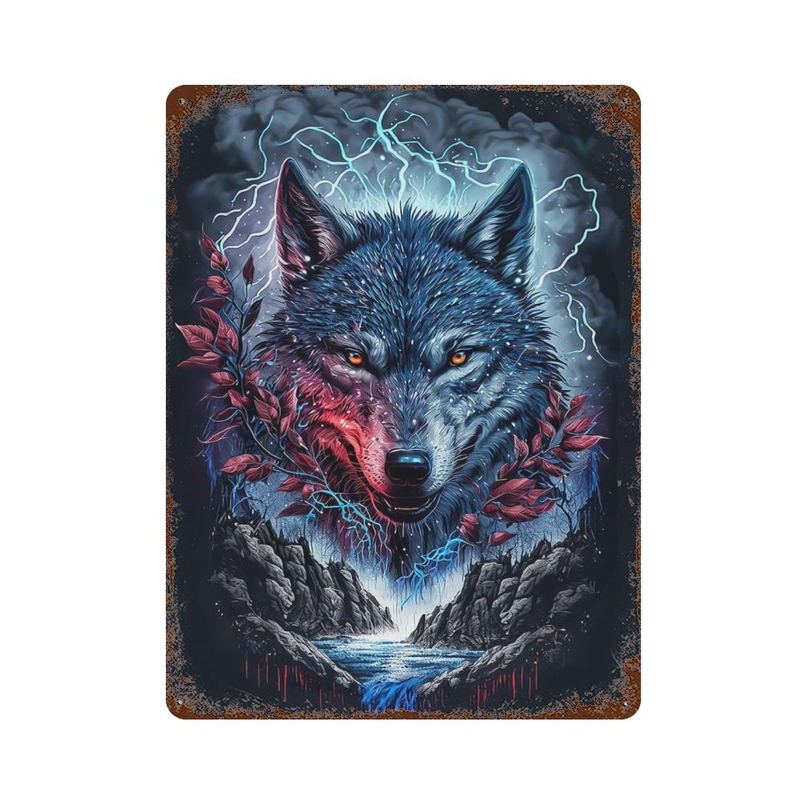 Painted Wolf Artwork Rust Effect Tin Sign 15.7"x11.8", Ideal for Garage, Bar And Workshop Decor
