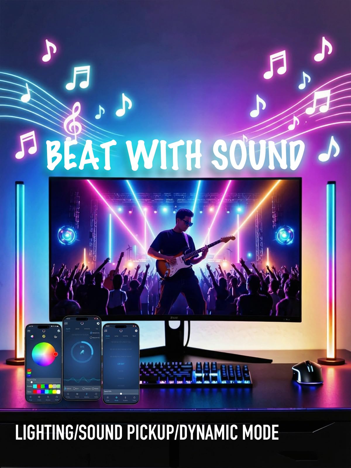 Retroiluminación LED RGB para monitor, control de aplicación inteligente, múltiples modos, sincronización de música, puerto USB (para monitor de 24 pulgadas, estándar)