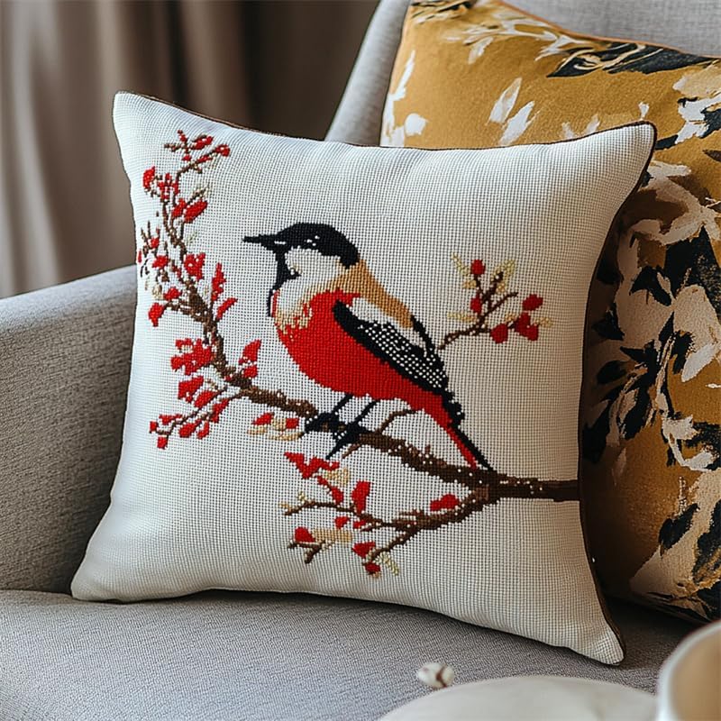 Walluminati Needlepoint Pillow Kit, Bird on a Branch Stamped Cross Stitch Pillow Kits Embroidery Pillowcase 11CT Counted Needlepoint Handmade Cushion Cover for Home Decor 18x18inch