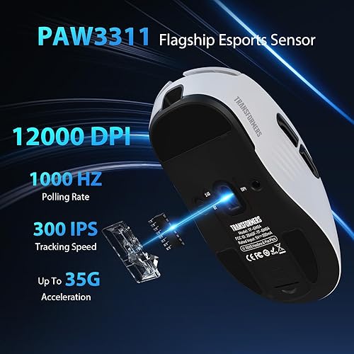 Vista 2 de Transformers GM04 - Mouse inalámbrico ligero para juegos de 2.22 oz, 12000 DPI, sensor PAW3311, duración de la batería de 100 horas, mouse Blanco