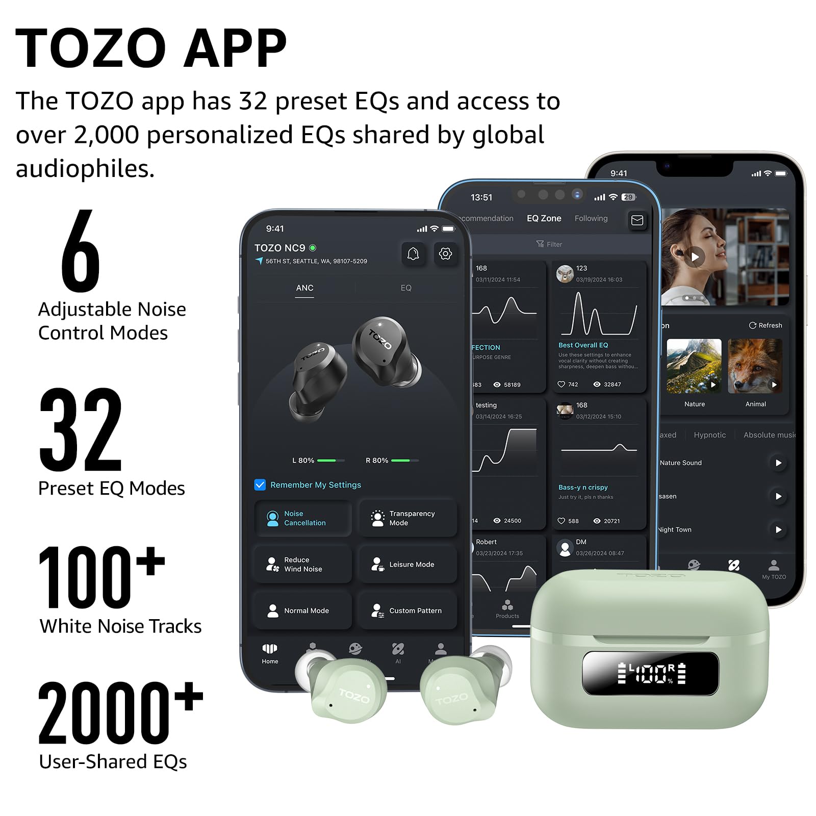 TOZO NC9 Hybrid Active Noise Cancelling Wireless Earbuds, 60H, LED Display view 6