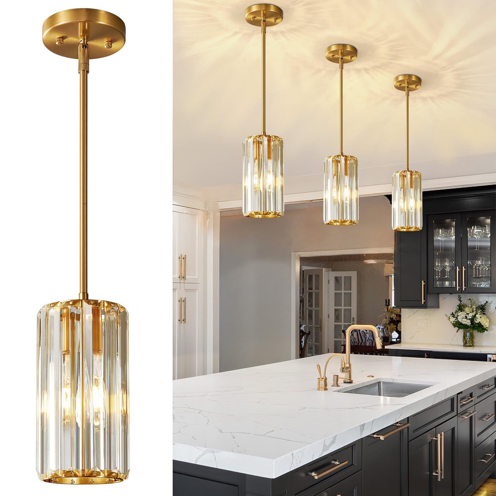 Photo 1 of zhllmq Gold Pendant Lighting Modern Pendant Light Mini Crystal Chandeliers Adjustable Pendant Light Fixture for Kitchen Island Dinning Room Corridor Bedroom(Gold 3-Pack)