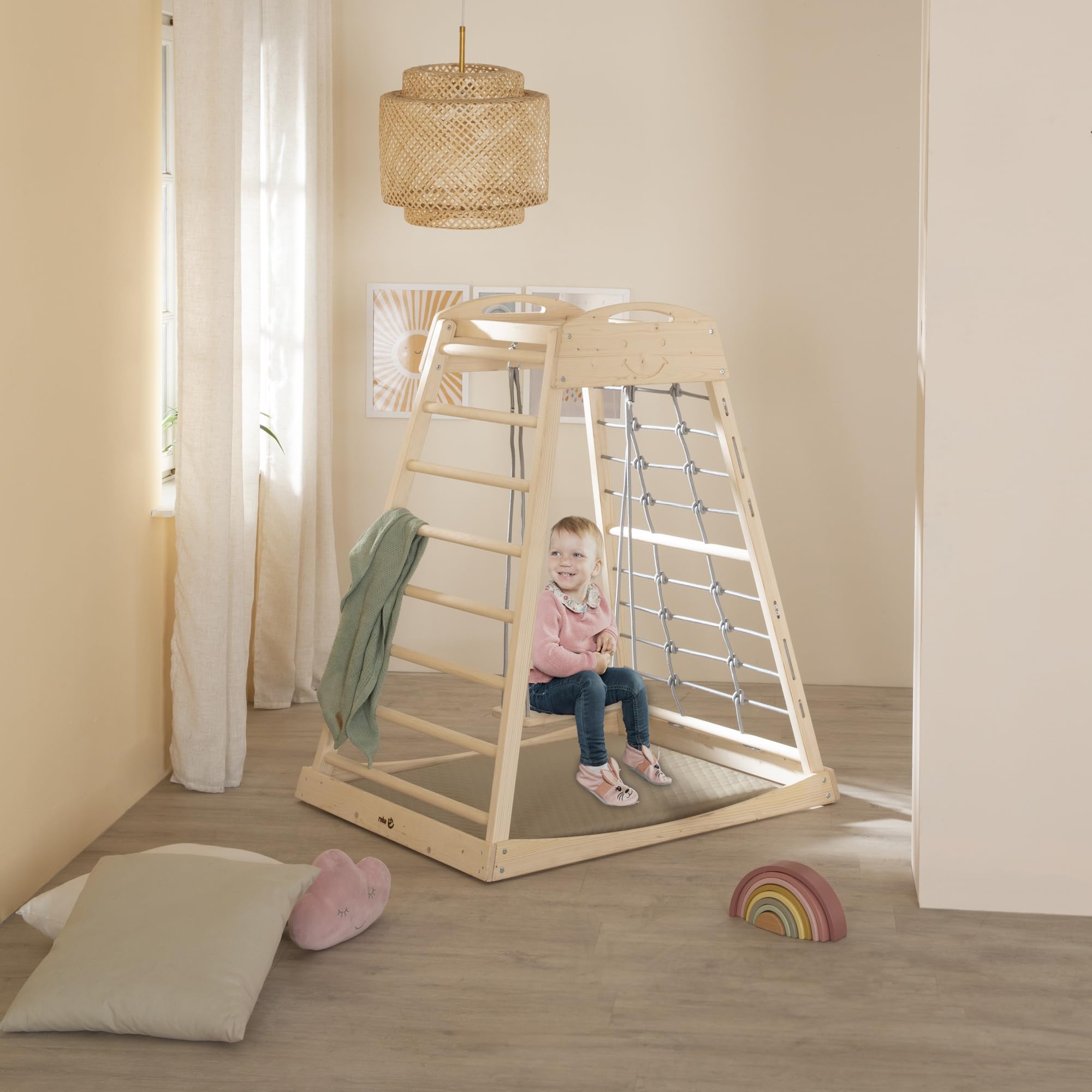 roba Tour de Jeu Intérieure en Bois – Structure Montessori avec Barreaux et Corde d’Escalade – Convient dès 24 Mois – Avec Balançoire en Bois Massif – Charge jusqu’à 70 kg – Naturel/Gris