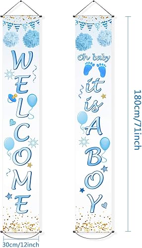 Miniatura 2 de Blulu Decoraciones de baby shower de 71 x 12 pulgadas con texto en inglés "Welcome It is a Boy", telón de fondo para colgar en la puerta, letrero de