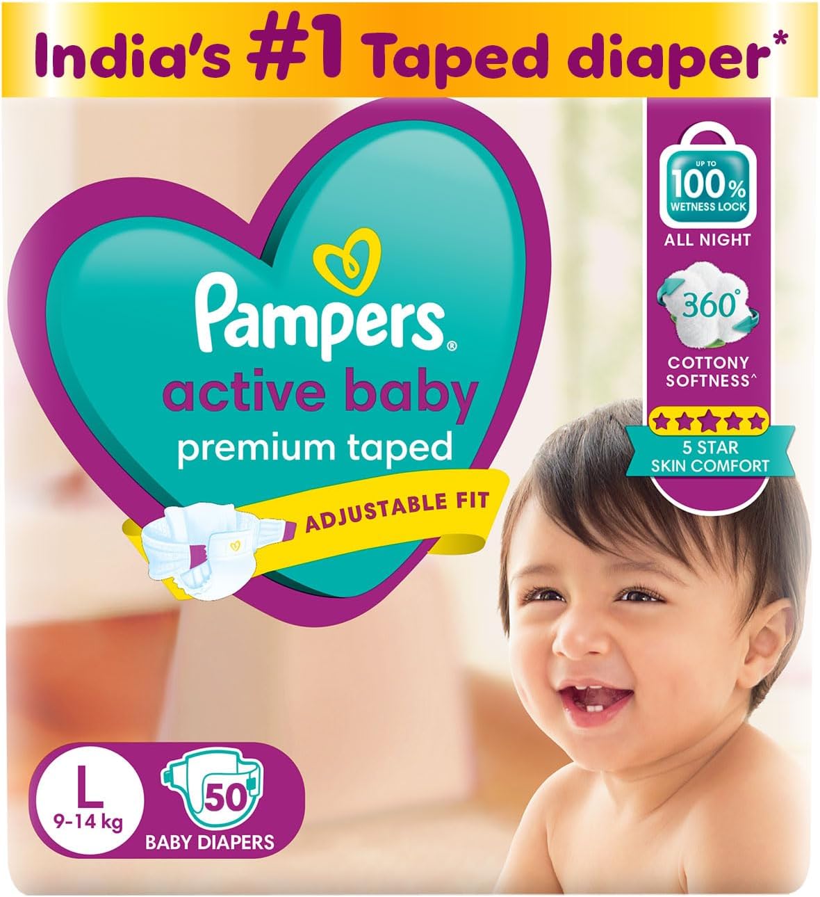 Pampers Active Baby Taped Diapers, Large size diapers, (L) 50 count, taped style custom fit