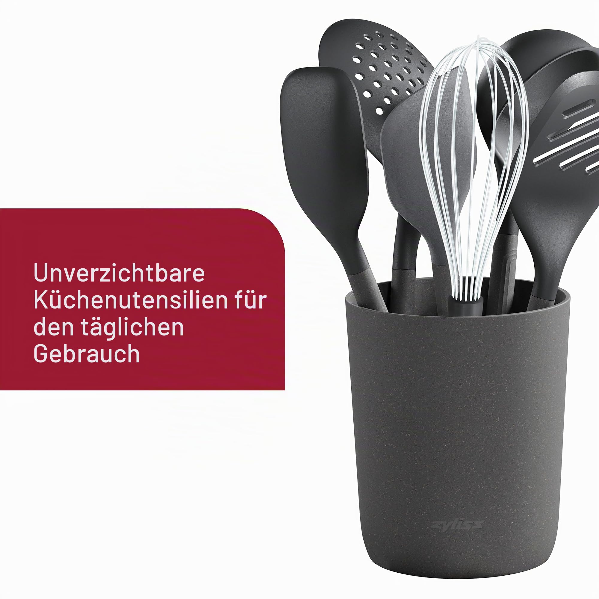 Zyliss E980244 7-teiliges Küchenhelfer-Set mit Aufbewahungsbehälter, Silikon/Nylon/Weizenstroh/Edelstahl, Grau, Schöpfkelle, Pfannenwender, Spatel, Kochlöffel, Schaumlöffel, Schneebesen