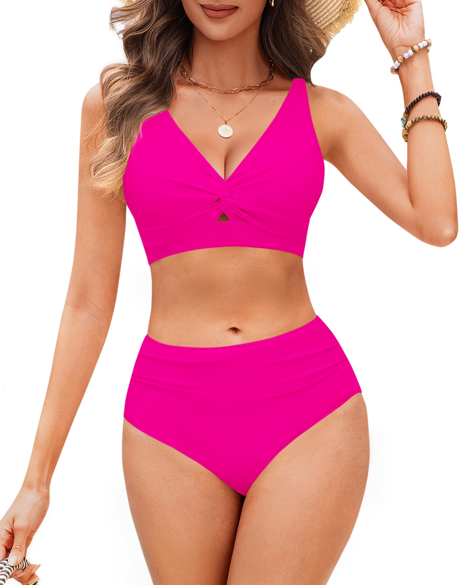HORISUN Damen Bikini Set, High Waist Twist Front V-Ausschnitt Badeanzug Zweiteiliger Bademode Swimsuit