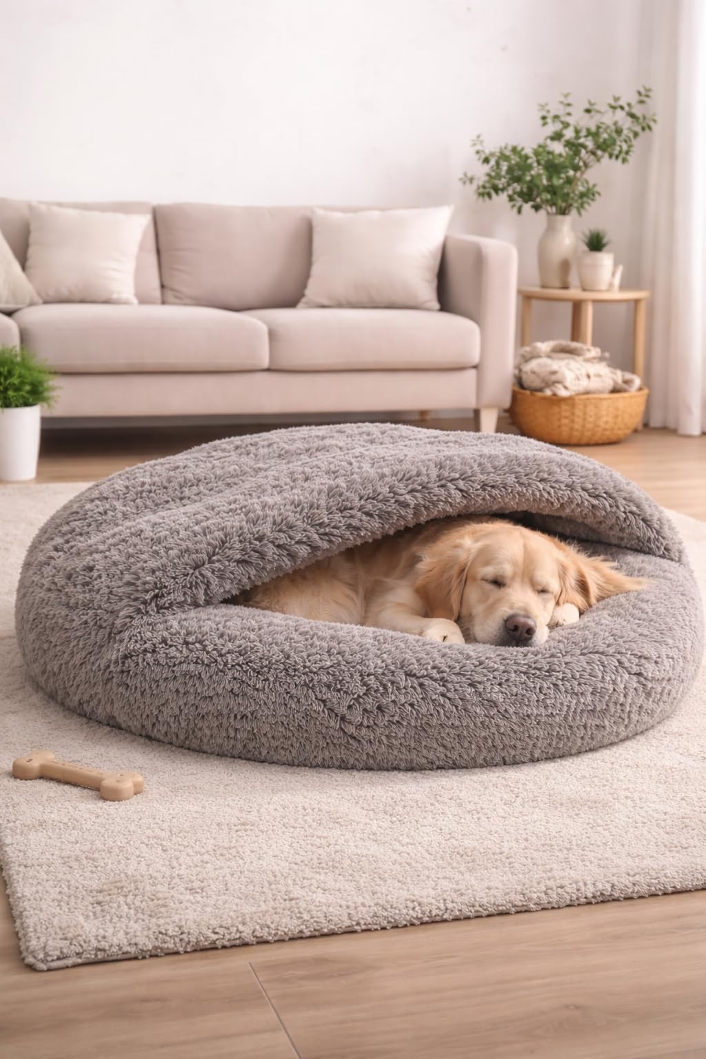 Odolplusz Rundes Kuschel-Hundebett und Katzenbett, Grau, Shaggy Bouclé, Schlafsack-Design, Warmes Höhlenbett, Rutschfester Boden, Maschinenwaschbar, für Mittelgroße Hunde und Große Katzen (100 cm)