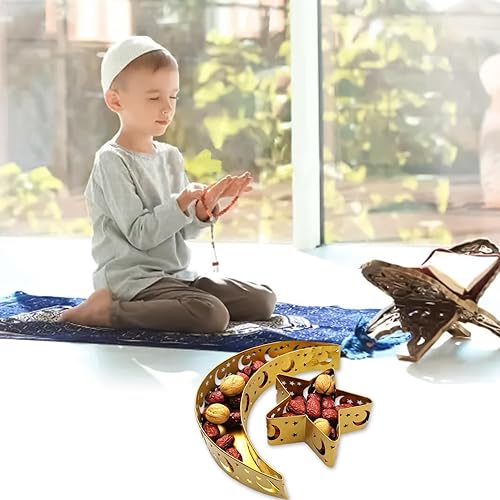 Miniatura 6 de Juego de bandejas doradas de media luna y estrella, 2 platos de metal de Ramadán para Eid Mubarak, Islam musulmán Eid Al-Fitr Iftar Moon Platters