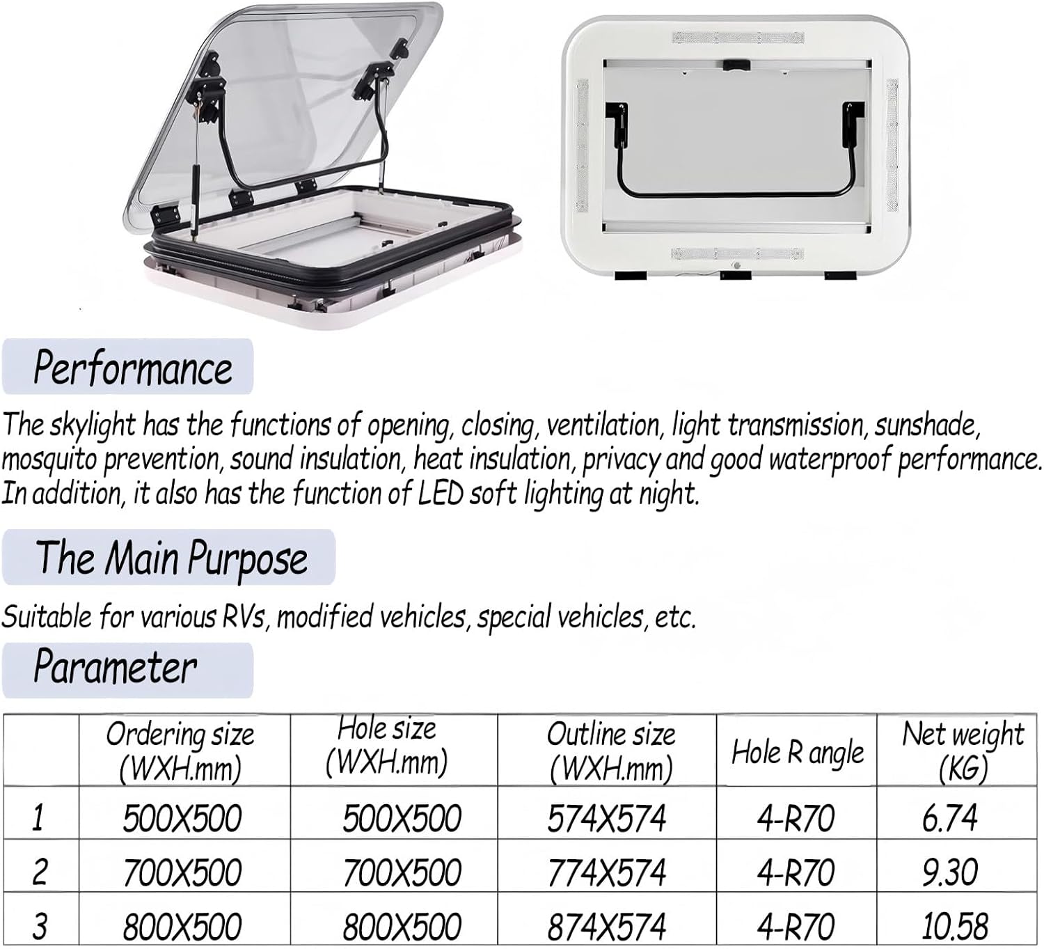 RV Caravan Roof Window Hatch with LED Lights, Aluminum Alloy Frame, RV Caravan Motorhome Skylight Roof Vent Hatch Cut Out, Anti-UV Acrylic Cover 500 * 500mm