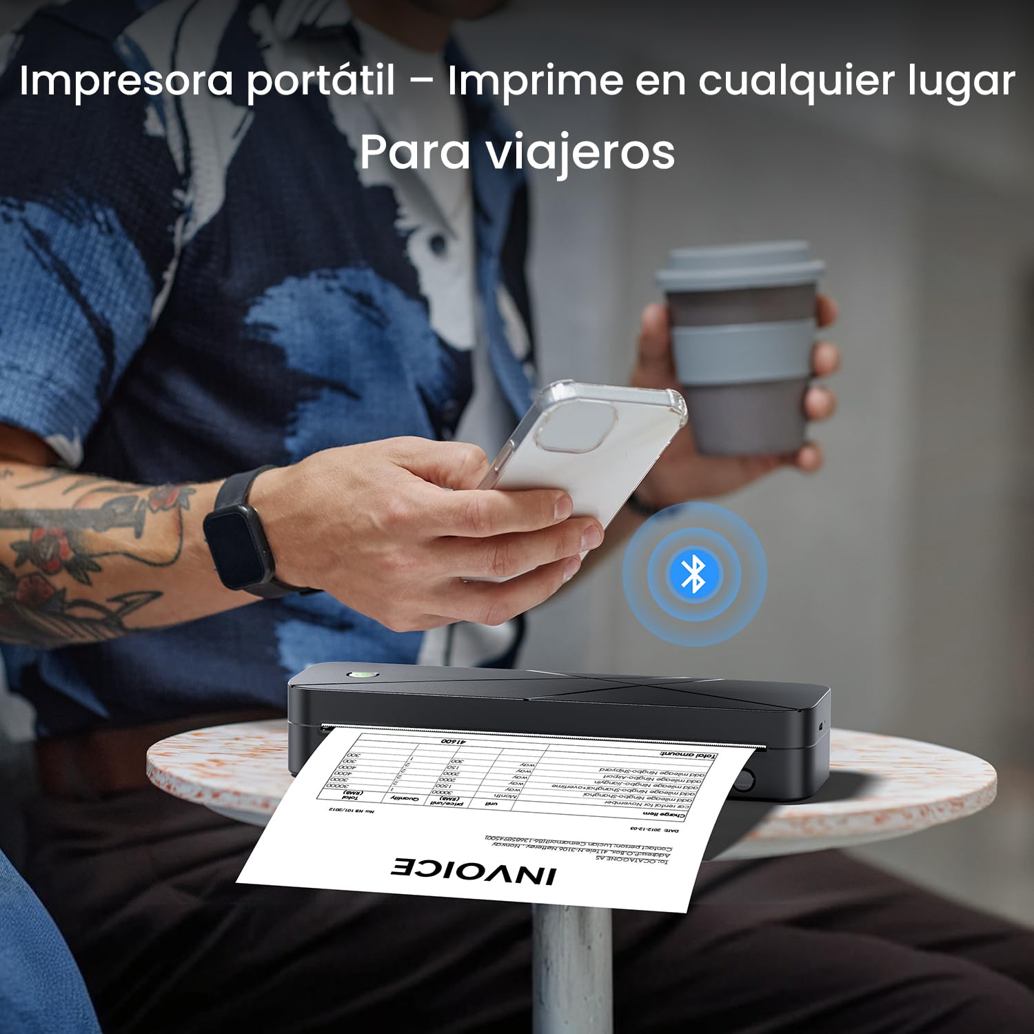 TATTMUSE Impresora Térmica A4 Portátil para Viajes, 300DPI, Negro | Bluetooth y USB-C, 5 formatos (53-216mm), 690g, sin tinta, app. Ideal para coche, oficina y viajes.
