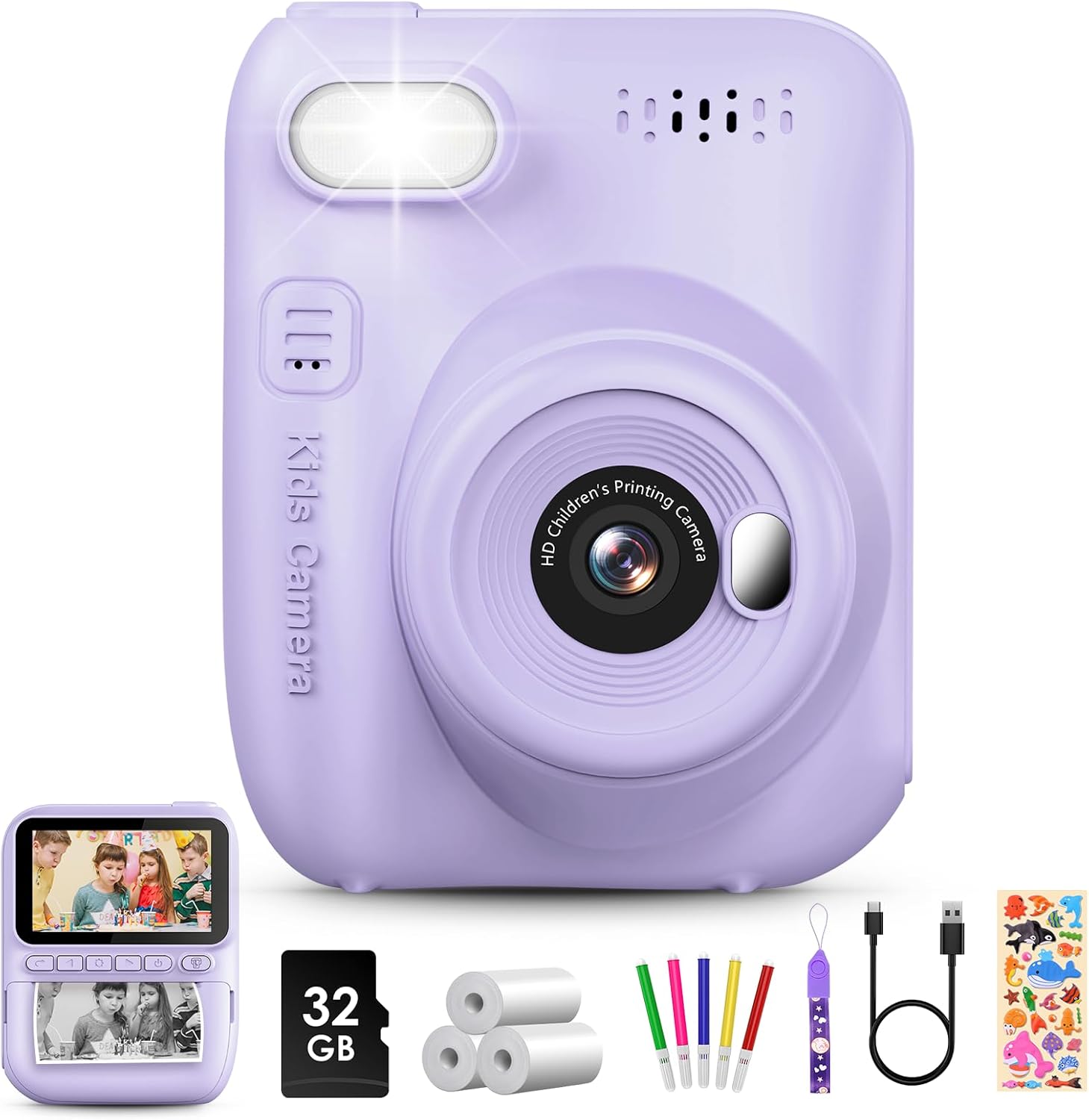 Kids Instant Print Camera, 3.0-inch HD Screen 32MP Photo Instant Digital Camera Christmas Birthday Gifts Toys for Toddle Children Girls Boys Age 3-12 – Purple