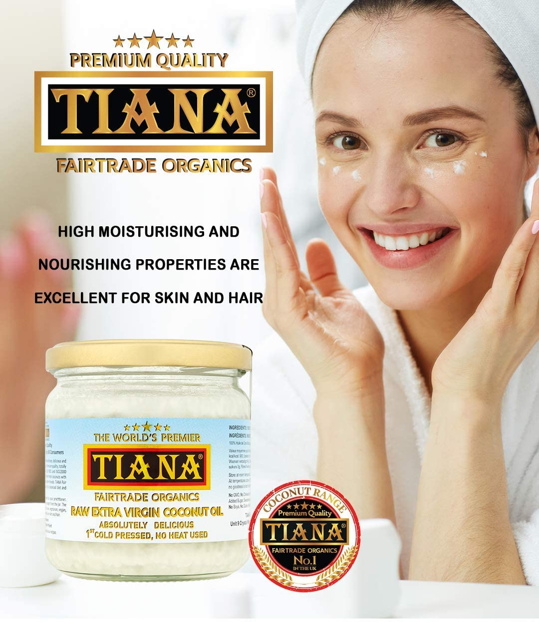 TIANA Fairtrade Organic Raw Extra Virgin olej kokosowy, uznany za nr 1 dla skóry, włosów i gotowania, 350 ml