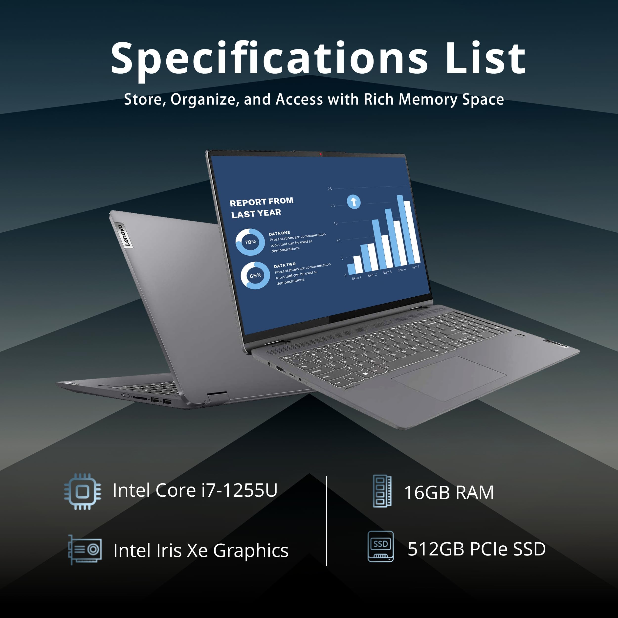 Lenovo IdeaPad Flex 5 16"" 2-in-1 2.5K IPS Touchscreen Laptop, Intel Core i7-1255U, 16GB RAM, 512GB SSD, Backlit Keyboard, Fingerprint Reader, Win 11 Pro, Storm Grey, 32GB Hotface USB Card, Gray