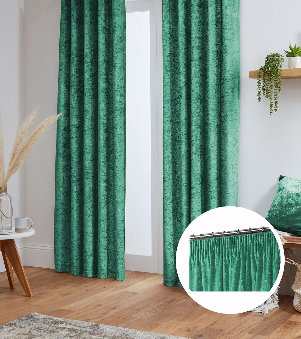 John Aird Crushed Velvet Fully Lined Pencil Pleat Curtains (Emerald Green, 66" Wide x 72" Drop) โ image 1