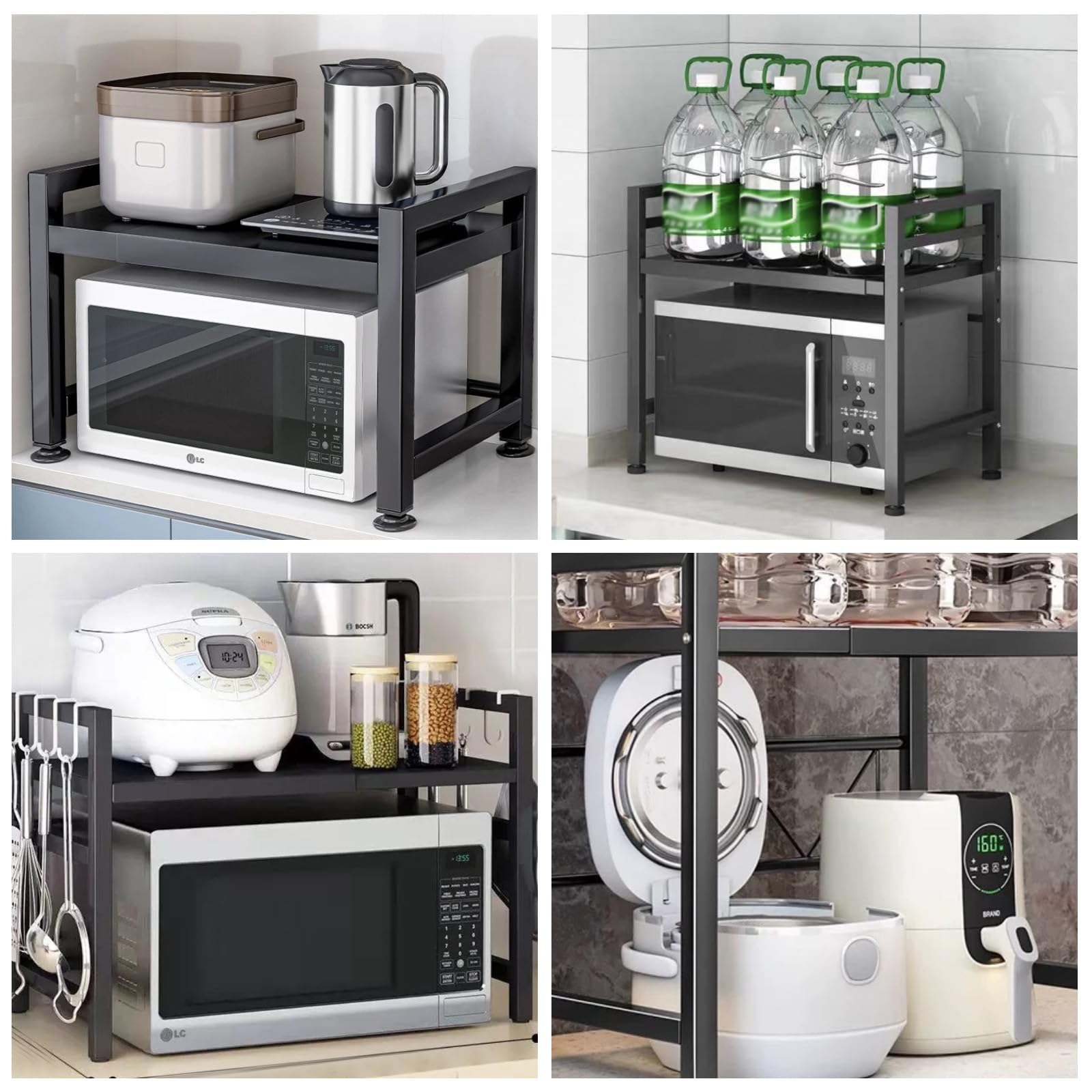 Mensola Microonde, Scaffale Cucina Estensibile 2 Livelli con 6 Ganci, Regolabile Microonde Scaffale, Cucina Salvaspazio Organizzatore Ripiani, Mobiletto Cucina Retrattile 40-64cm