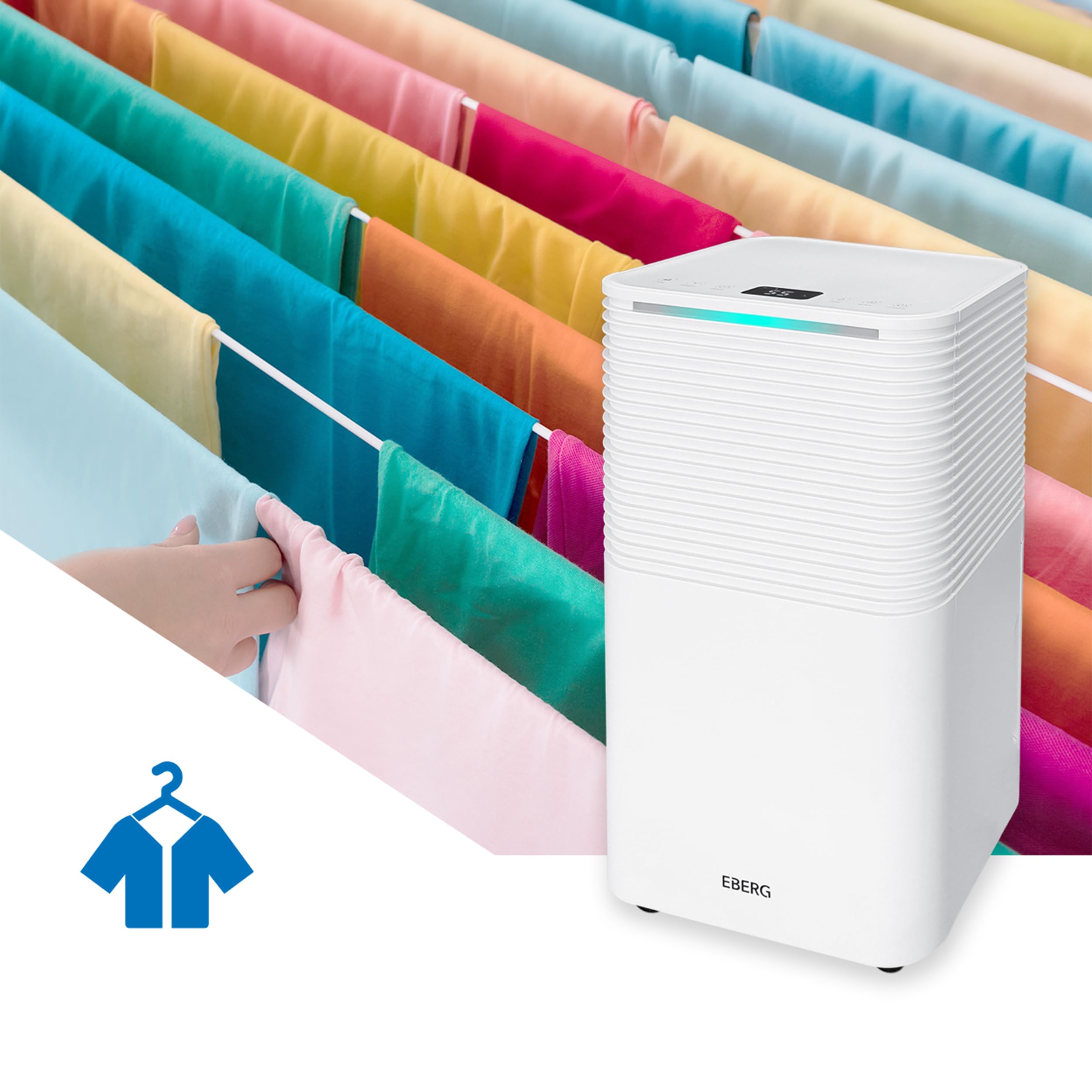 EBERG RICO WiFi osuszacz powietrza 12 l/24 h, higrostat, sterowanie aplikacją, wyświetlacz LCD, timer 24 h, drenaż ciągły, osuszacz do domu i piwnicy, biały