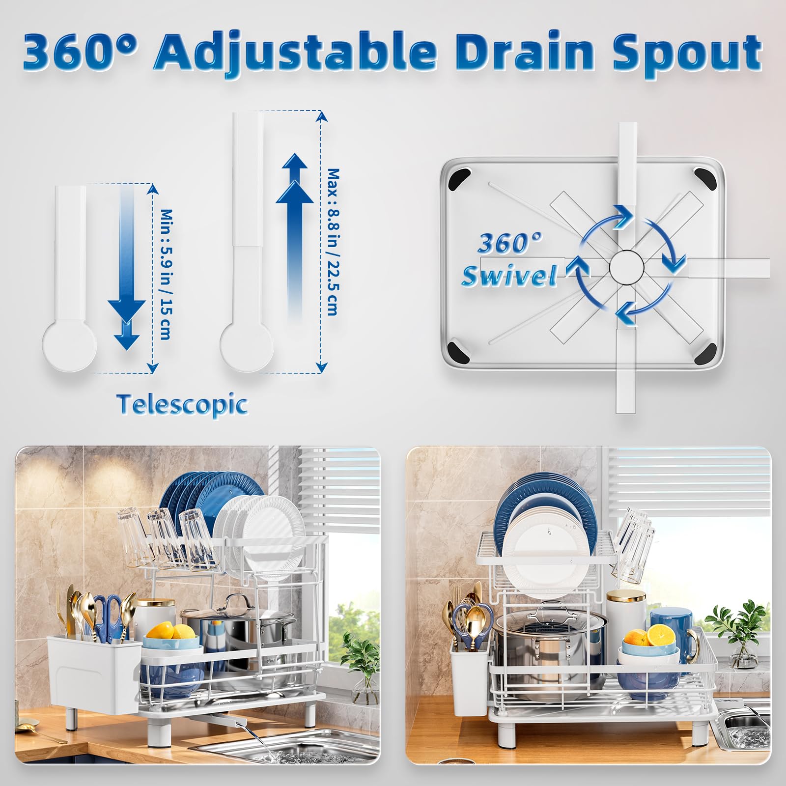 GAOKASE Escurridor de platos de 2 niveles, escurridor de platos que ahorra espacio para encimera de cocina, escurridor de platos con escurridor, soporte para utensilios y taza y boquilla giratoria