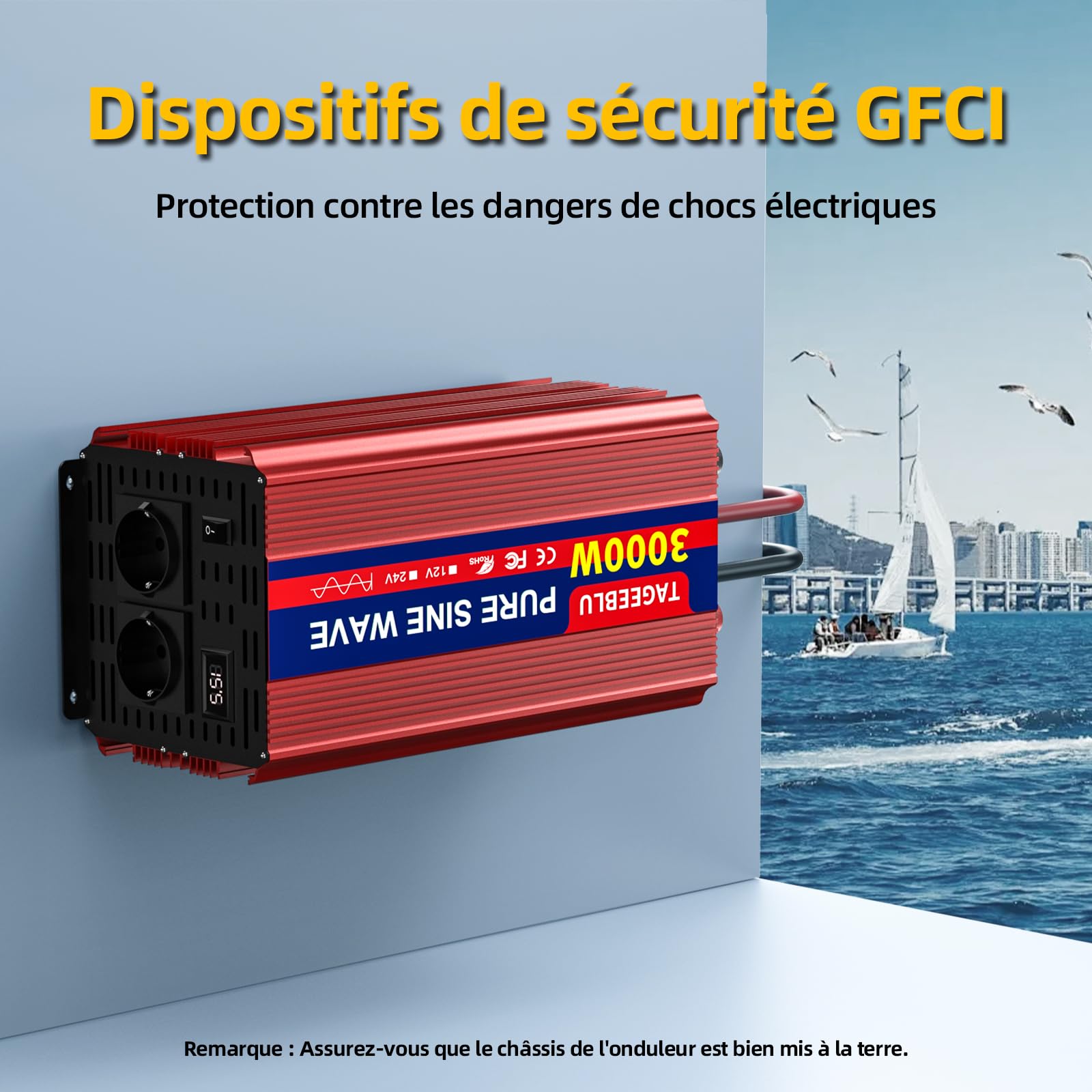 3000W convertisseur 12v 220v Pur Sinus, transformateur 12v 220v avec écran LCD, 2 Prises UE