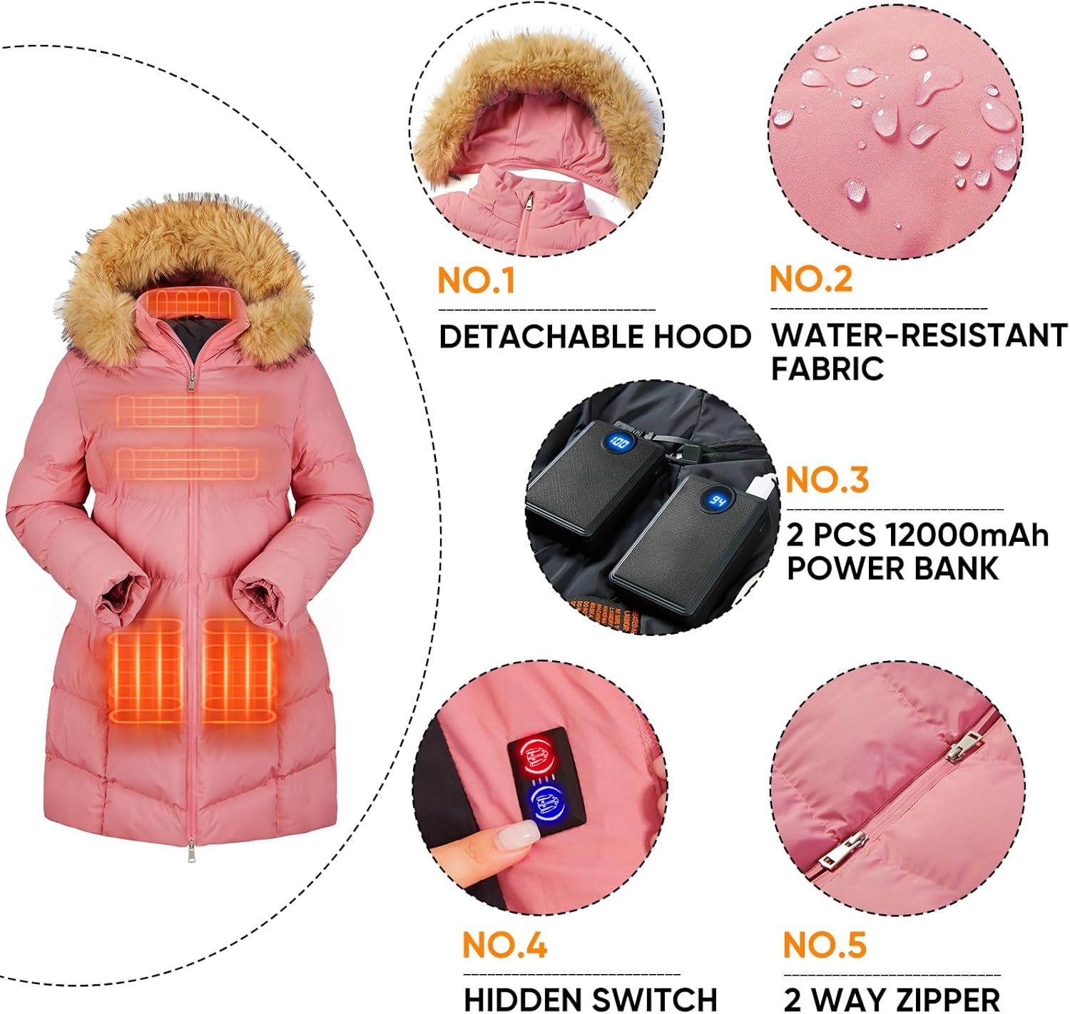 Heated Long Jackets for Women，2 PACK 12000mAh Power Bank With 5 Heating Zones，Winter Warm Heated Coat Outdoor - Image 3