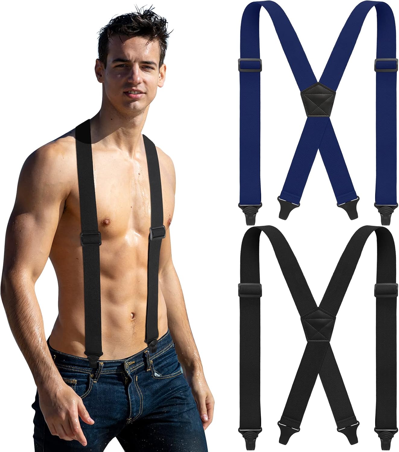 Janmercy 2 Pcs Men's Hidden Suspenders Under Clothing 1.5 Inch Wide x Back Heavy-duty Adjustable Clips