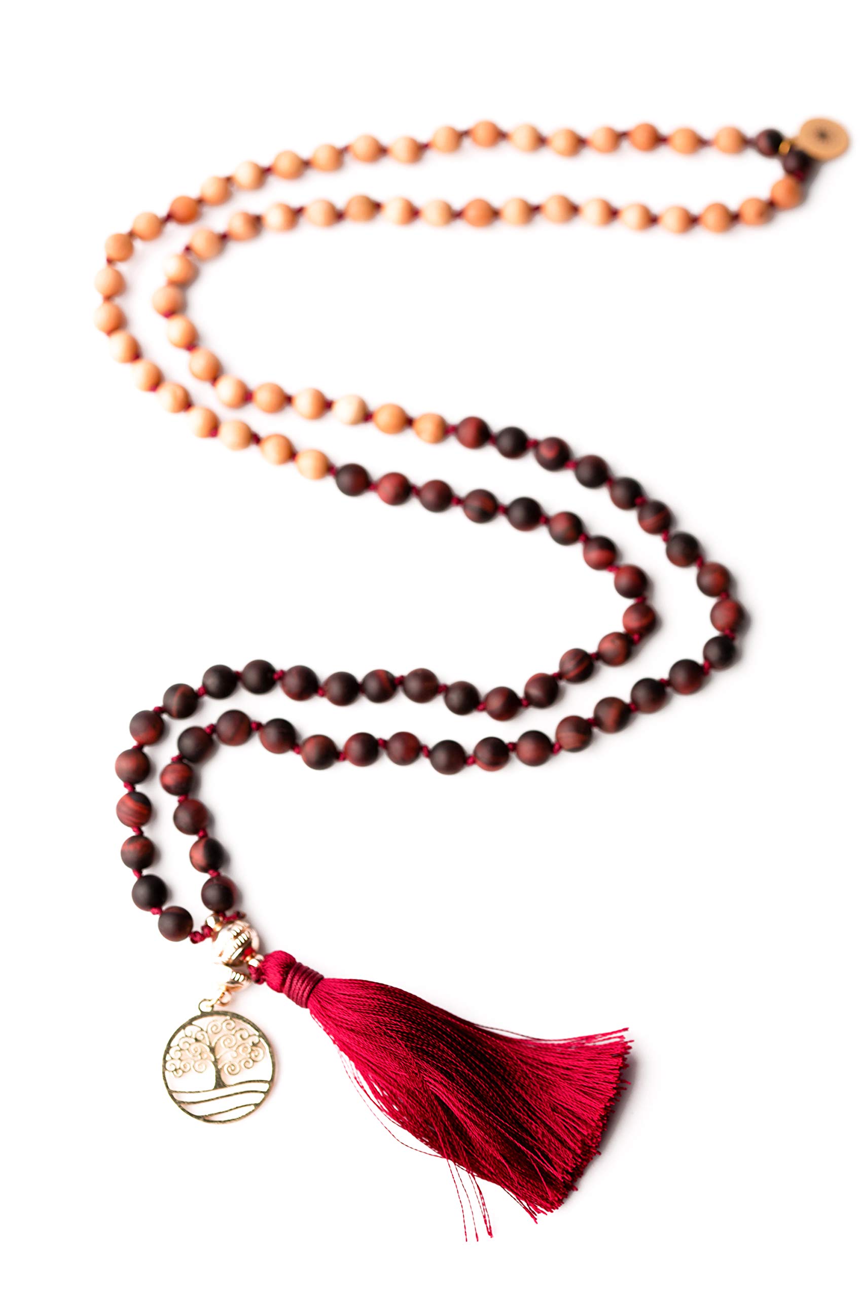 Tigereisen Edelsteinschmuck Mala Edelsteinkette Yoga Meditation Geschenk-Set mit Holzbox Jute-Täschchen Affirmationskarten LEBENSKRAFT Naturstein Sandelholz handgemacht in Deutschland