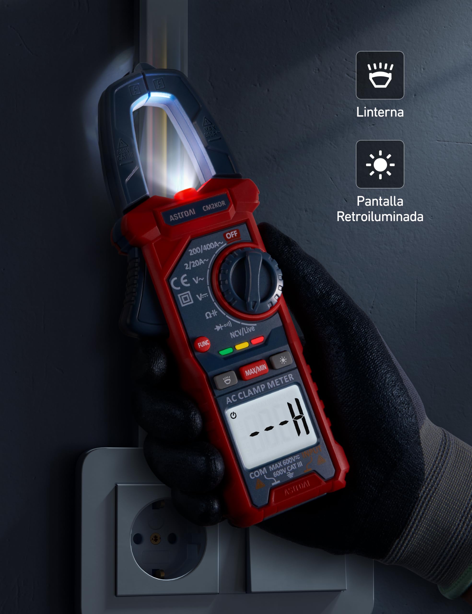 AstroAI Pinza Ampérimetrica, Multímetro Digital Profesional, Polímetro, Voltímetro, Tester para Corriente CA, Voltaje CA/CC, Resistencia, Frecuencia, Capacitancia, Continuidad, Diodos de Prueba — view 5