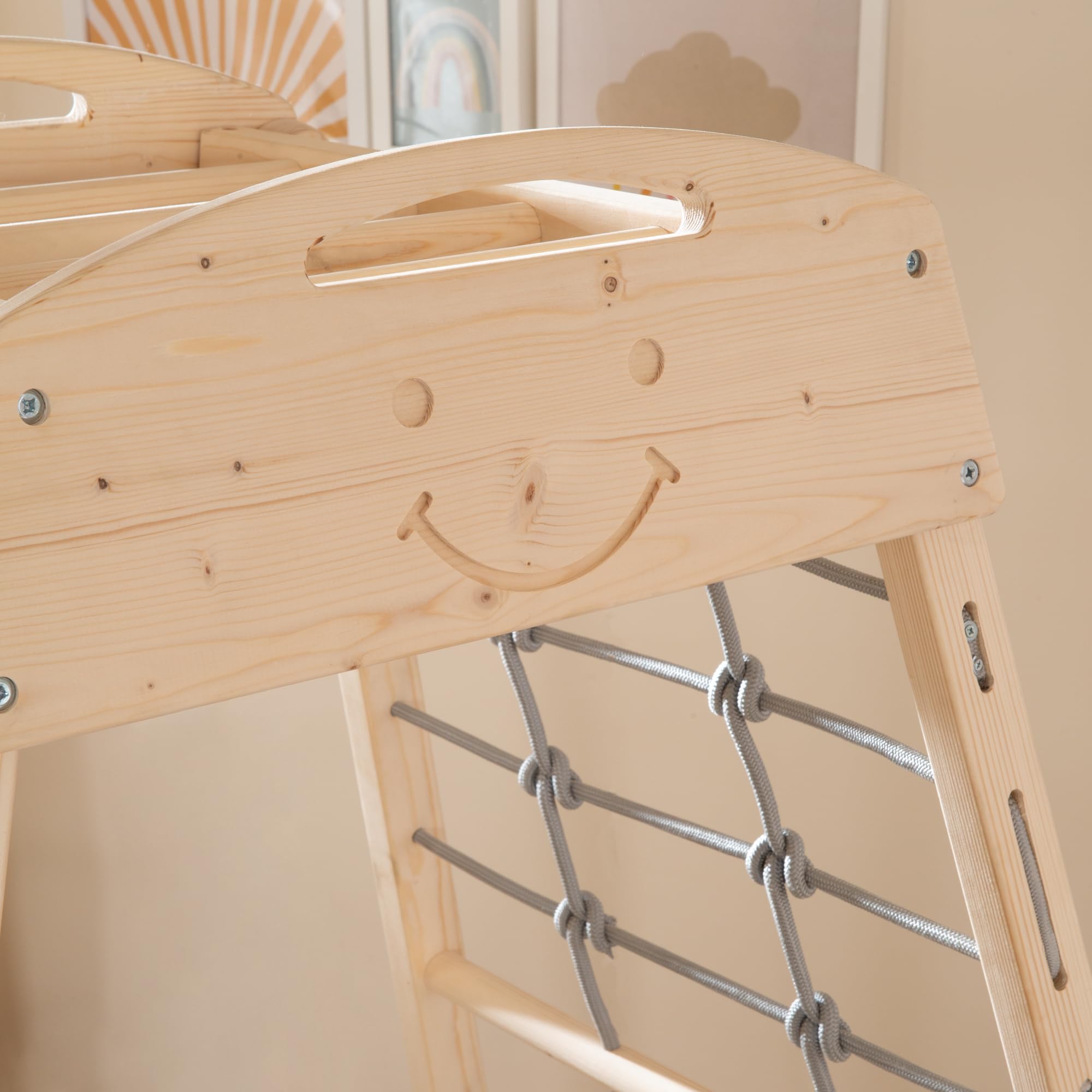 roba Tour de Jeu Intérieure en Bois – Structure Montessori avec Barreaux et Corde d’Escalade – Convient dès 24 Mois – Avec Balançoire en Bois Massif – Charge jusqu’à 70 kg – Naturel/Gris
