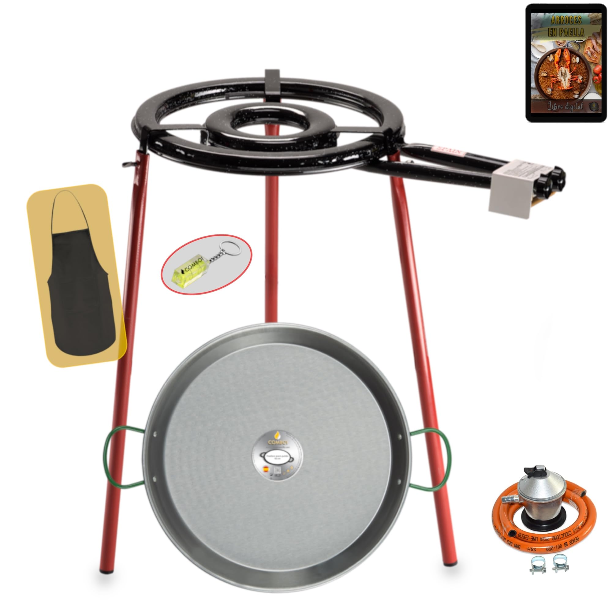 COMBOI Kit Professionnel à Paella - Poêle Polie 46 cm, Brûleur Plat 35 cm, Régulateur, Tuyau, Support Pieds, Niveau, Tablier, Livre de Recettes Numérique