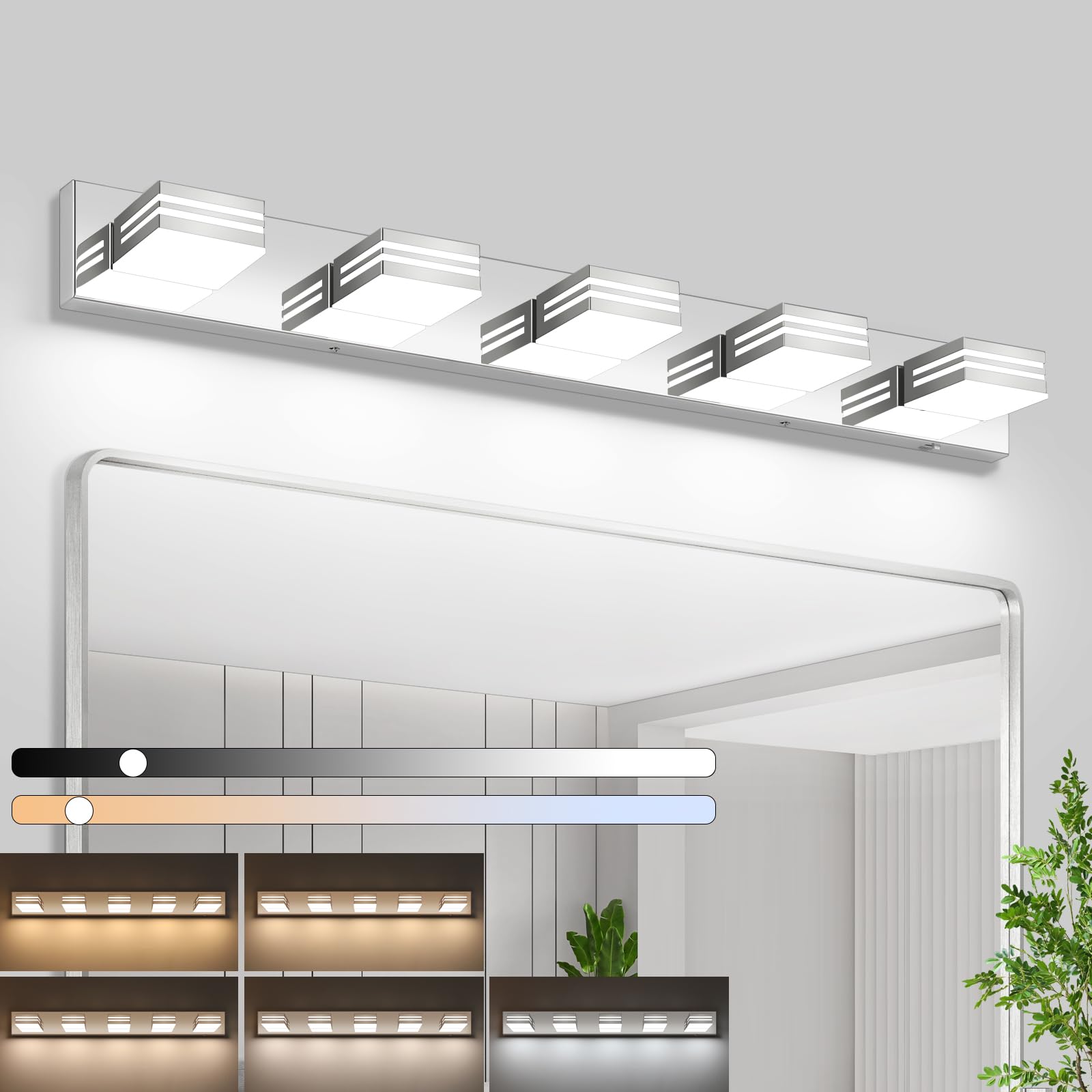 LED Modern Bathroom Vanity Light Fixtures (5-Light, 40-Inch)(5CCT, Dimmable), Chrome Modern Bathroom Wall Lighting Fixtures Over Mirror (3000K/3500K/4000K/5000K/6000K)