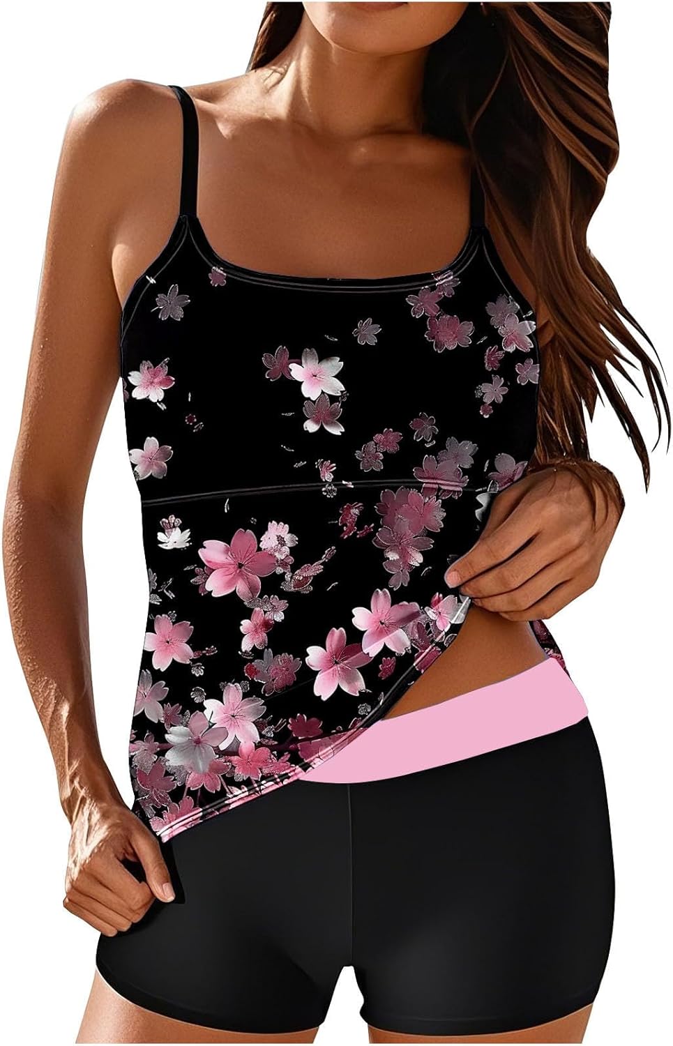 Womens Tankini Bathing Suit - Two Piece Tankini Swimsuits Floral Print Modest Swimsuit with High Waisted Bottom