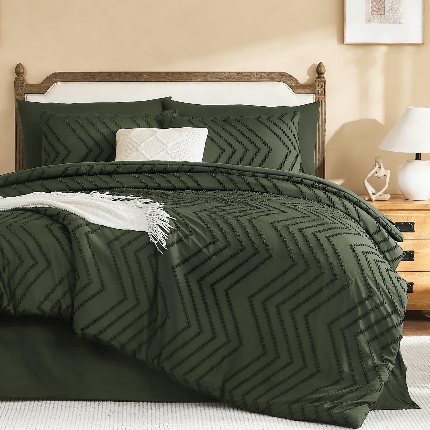 Litanika Olive Full Comforter Set with Sheets, 7 Pieces Boho Bed in a Bag