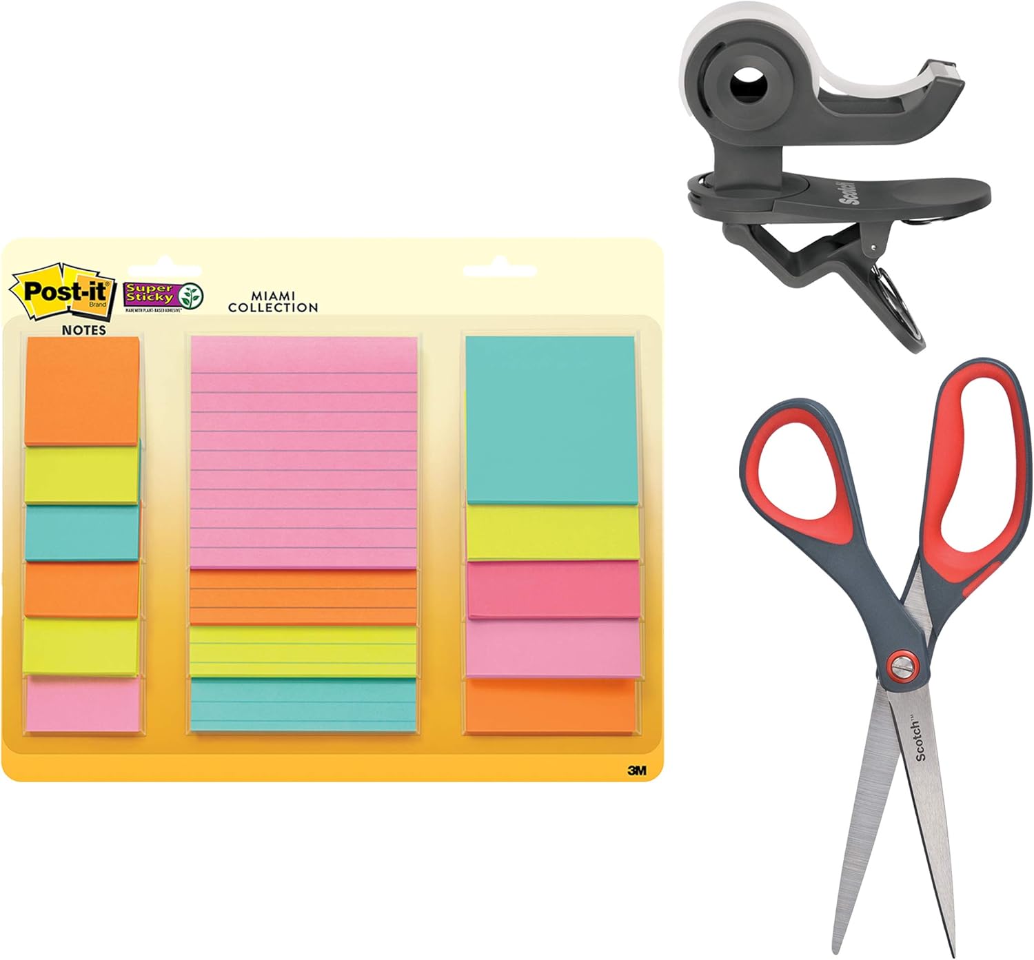 Work From Home Essentials Kit, Includes Clip & Twist Tape Dispenser, Precision Scissors, and Post-it