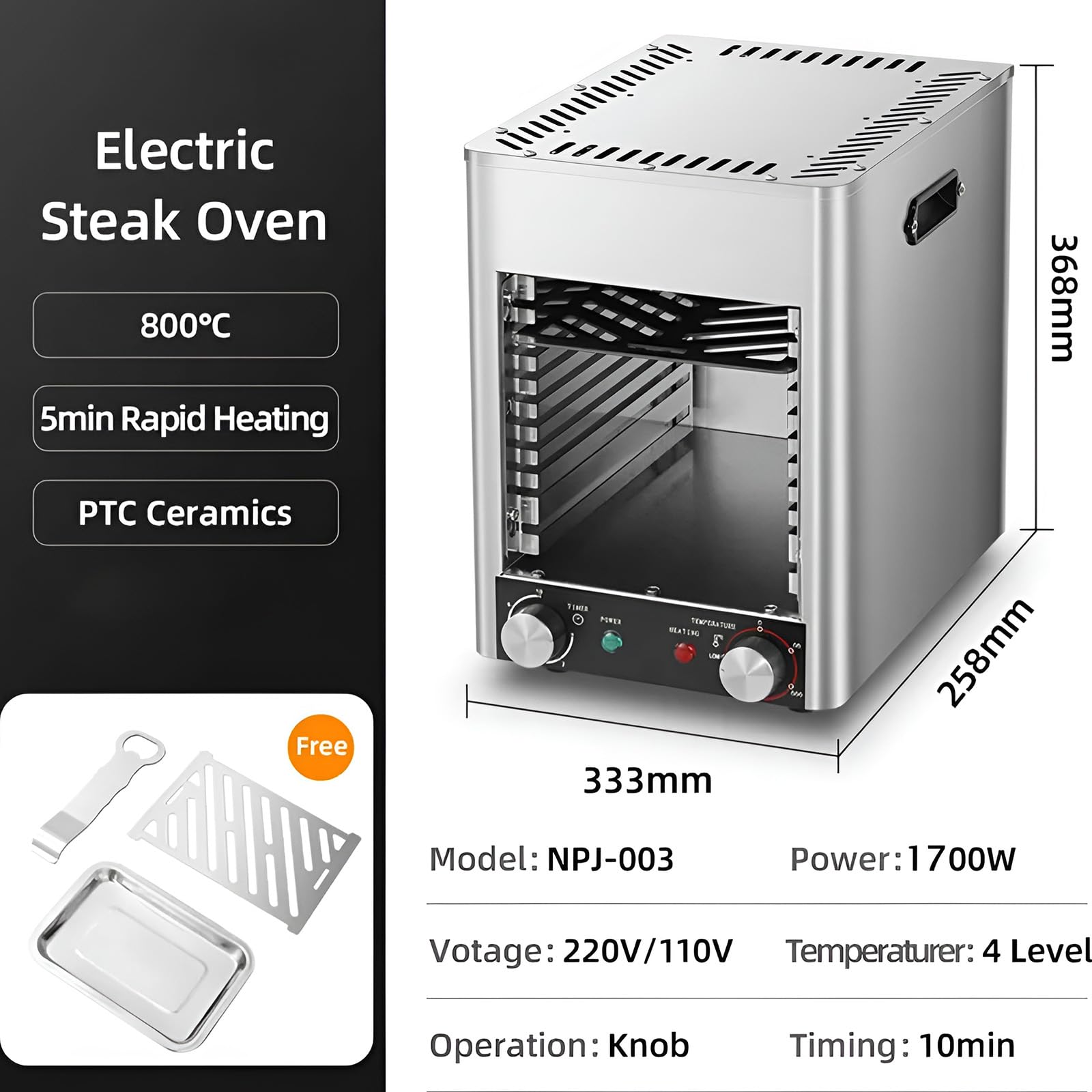 Parrilla Salamandra Comercial de 800℃, Asador Eléctrico de Bistec | Temperatura ajustable de 800℃, diseño de 10 capas de acero inoxidable ideal para cocinas comerciales y asadores