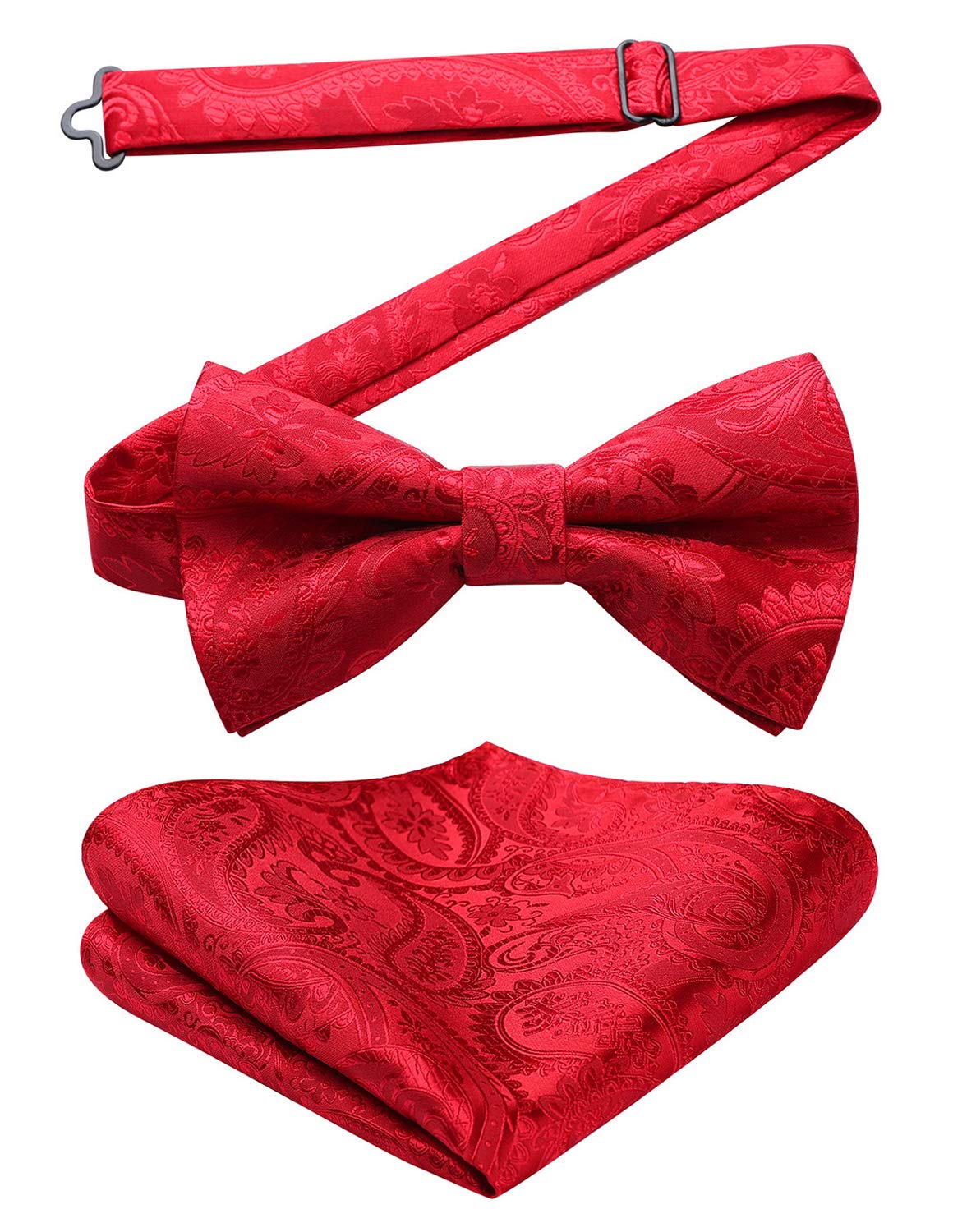 Men's Solid Color Pre-tied Bow Tie Adjustable Tuxedo Two Layer Bow Tie and Pocket Square Set with Gift Box