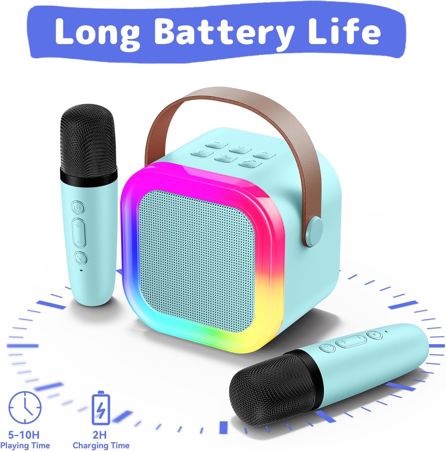 Fede Karaoke Machine for Kids Adults, Mini Karaoke Machine with 2 Wireless Microphones, Portable Bluetooth Speaker with Voice Changing Effects & LED Lights, Best Gifts Toys for Girls and Boys - Image 8