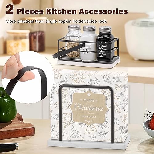 Miniatura 6 de Servilletero de metal, moderno dispensador de papel de seda independiente con almacenamiento de condimentos para mesa de cocina (base de mármol,