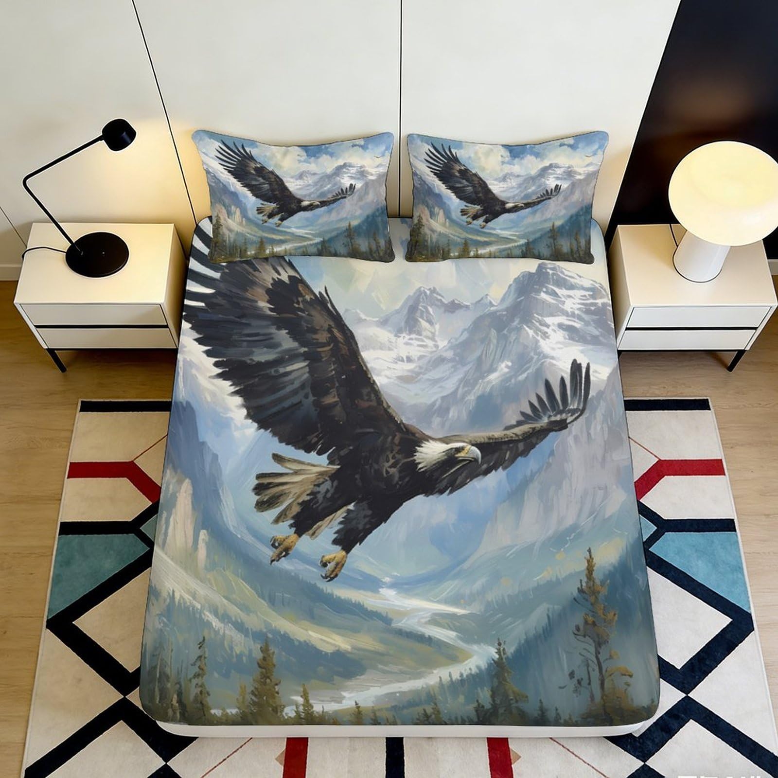 Pnayamiorkfel Style-7 3D Printed Flying Eagle Fitted Sheet Microfiber Soft Mountain Landscape Mattress Cover For Bedroom Dorm Mattress Decor 90X200x25cm