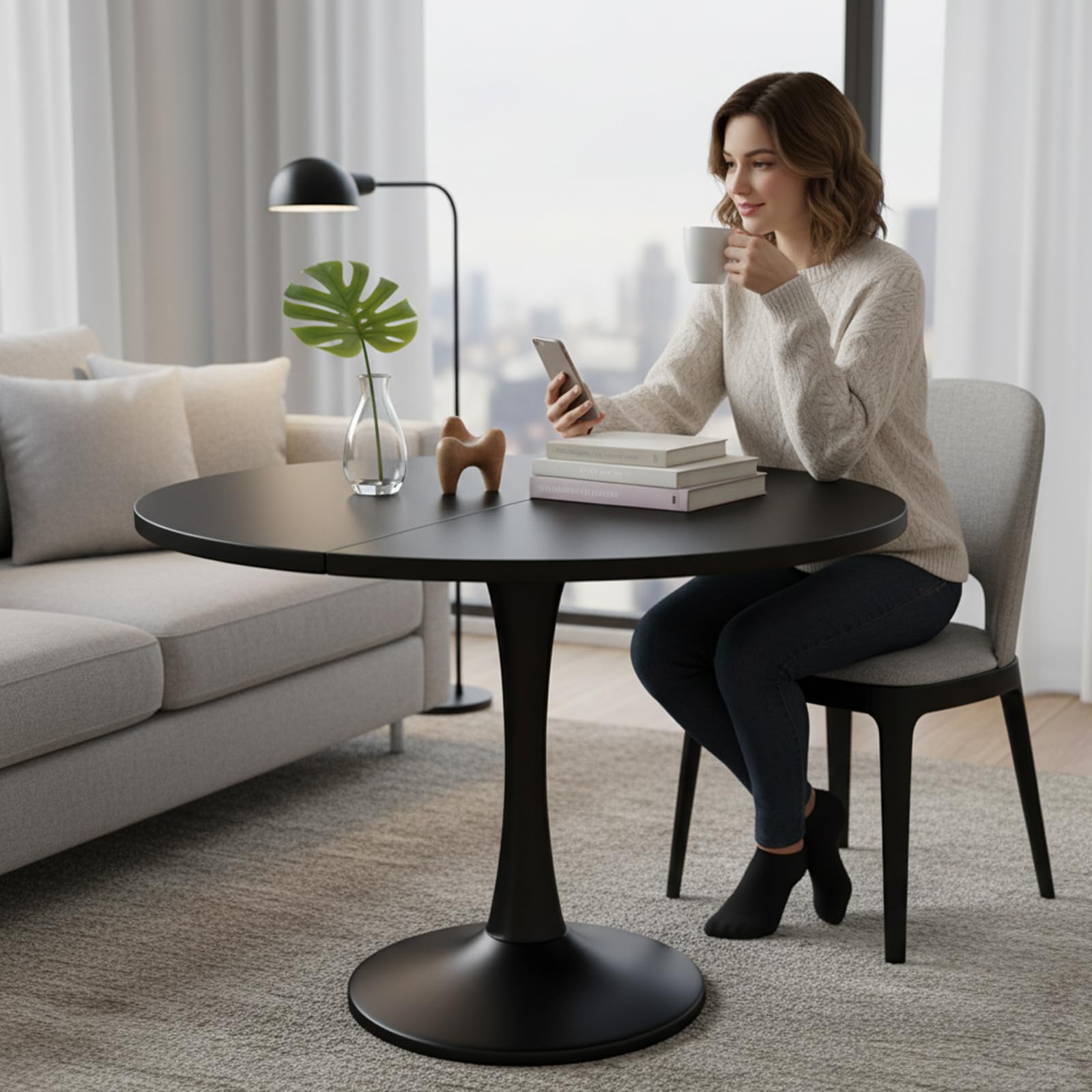 Exble Tavolo da pranzo rotondo nero 100 140 x 100 x 75 cm tavolo da cucina moderno per 2 6 persone versatile sala da pranzo pelliccia per multi funzioni