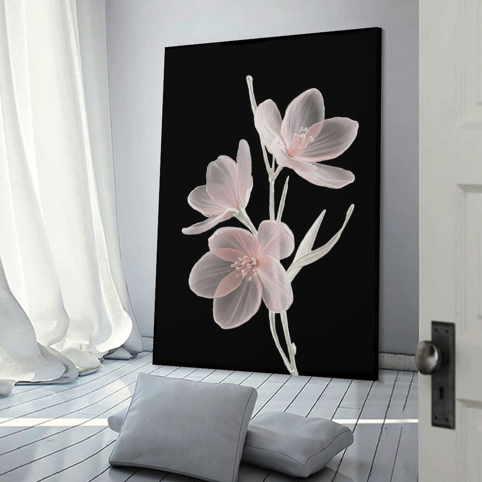 Junmoney Frame-Style-3 Home Decor Wall Art Translucent Pink Flowers On Black Background, 20X30inch(50X75cm), For Bedroom Decor, Cosy Corners Or Studios, Decorative Wall Art For Cosy Rooms