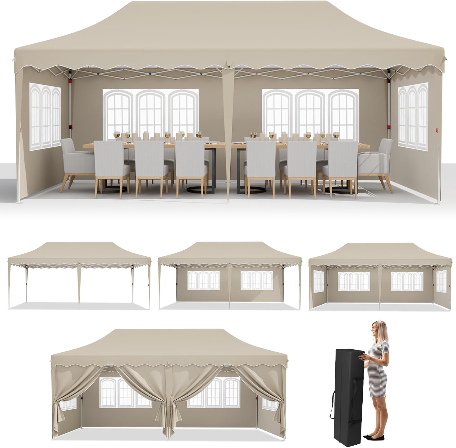 MAMIZO 10x20ft Pop up Canopy Tent w/6 Sidewalls, Heavy Duty Wedding Party Tent, Height Adjustable Large Commercial Gazebo, Instant Sun Protection Shelter W/Upgraded 3 Raised Roofs, Carry Bag (Khaki)
